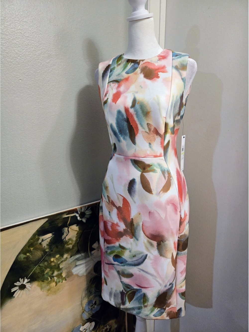 Calvin Klein NWT Dress Size 4 Women's Watercolor Floral Print Scuba Sheath Dress - Picture 5 of 9